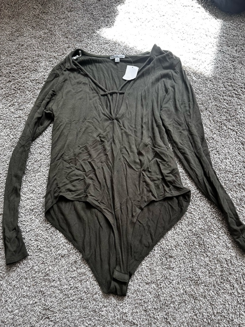 Charlotte Russe Olive Green V-Neck Long Sleeve Strappy Bodysuit